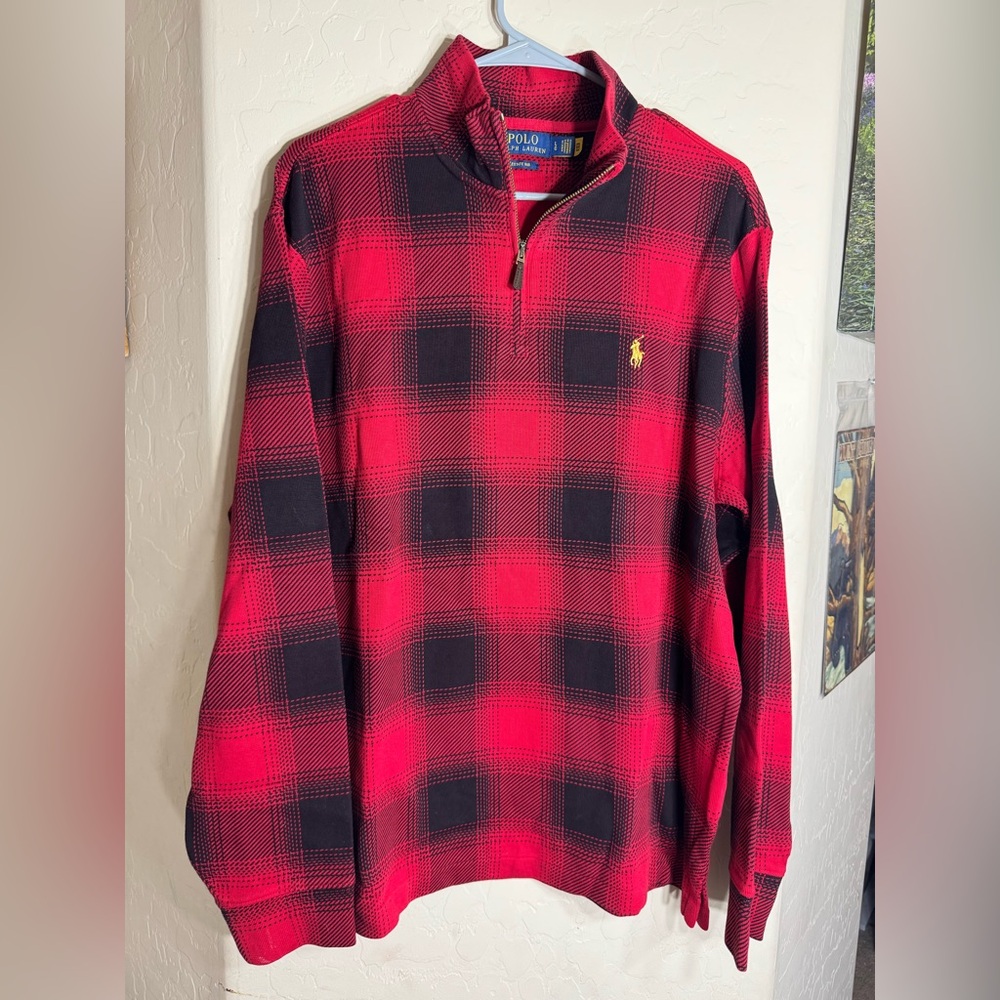 Polo Ralph Lauren Red Black Plaid 1/4 Zip Estate Rib Pullover Cotton L
